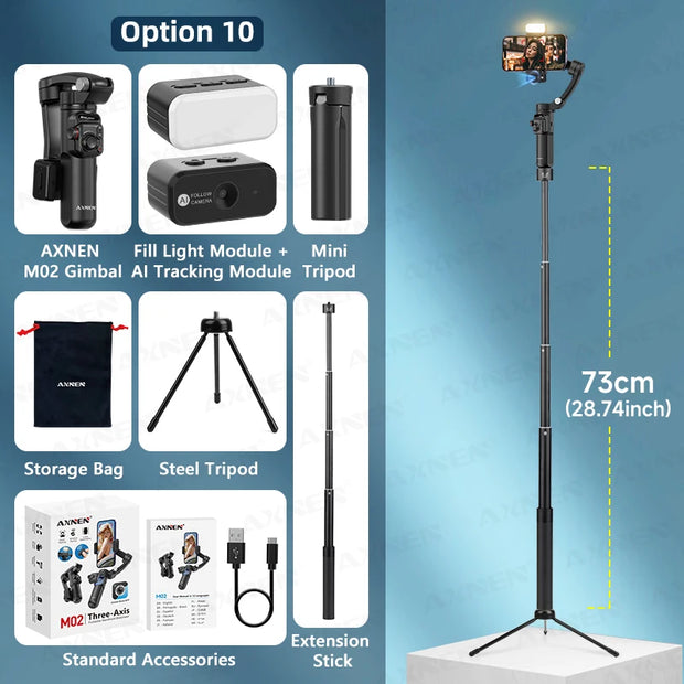 AXNEN M02 Gimbal Smartphone Stabilizer 3-Axis Anti-shake Video Record Handheld Selfie Gimbals for iPhone Android Face Tracking