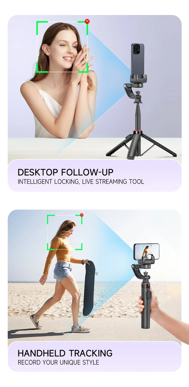 AI Face Tracking Handheld Gimbal Stabiliser 360° Shoot,Magnetic Remote Selfie Stick Tripod for Smartphone,1/4'' Screw for Camera