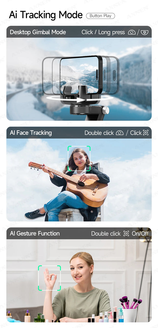 360° AI Handheld Gimbal Mobile Phone Anti-Shake Stabilizer Auto Face Tracking Aluminum Rod With Fill Light Optional Microphone