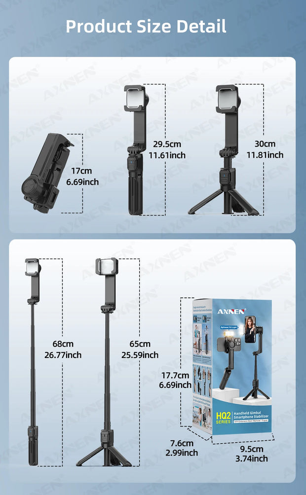 AXNEN HQ2 SERIES Mobile Phone Stabilizer Handheld Gimbal for Smartphone Gopro Action Camera Extension Rod Selfie Stick Tripod