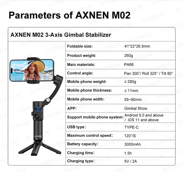AXNEN M02 Gimbal Smartphone Stabilizer 3-Axis Anti-shake Video Record Handheld Selfie Gimbals for iPhone Android Face Tracking