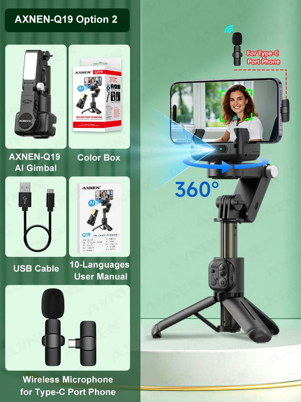 AXNEN Q19 AI Desktop Gimbal Stabilizer 360 Rotation Auto Face Tracking Mobile Phone Handheld Anti-shake Selfie with Fill Light