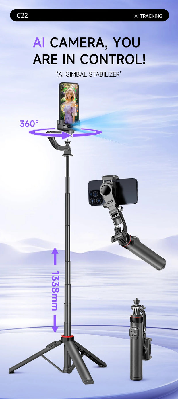 AI Face Tracking Handheld Gimbal Stabiliser 360° Shoot,Magnetic Remote Selfie Stick Tripod for Smartphone,1/4'' Screw for Camera