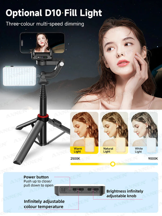 AXNEN C22 AI Tracking 360° Rotational Shoot Deskpot Handheld Gimbal Tripod Extendable Selfie Stick Wireless Remote for Vlog