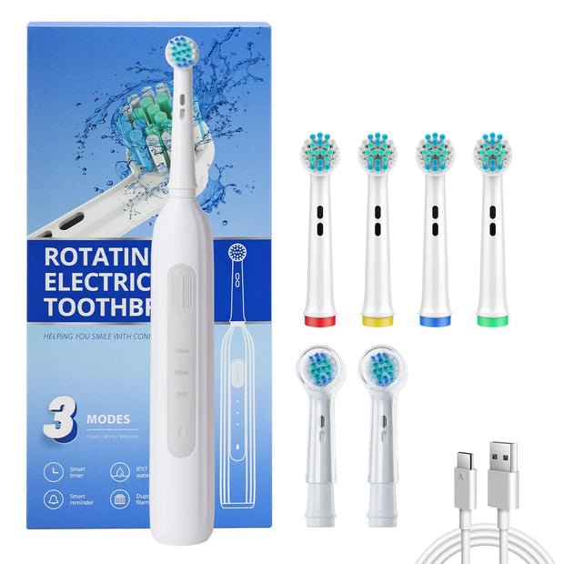 Rotating electric toothbrush suitable for adults, equipped with 6 brush heads, type-c charging, 3-speed 2-minute timed zoning