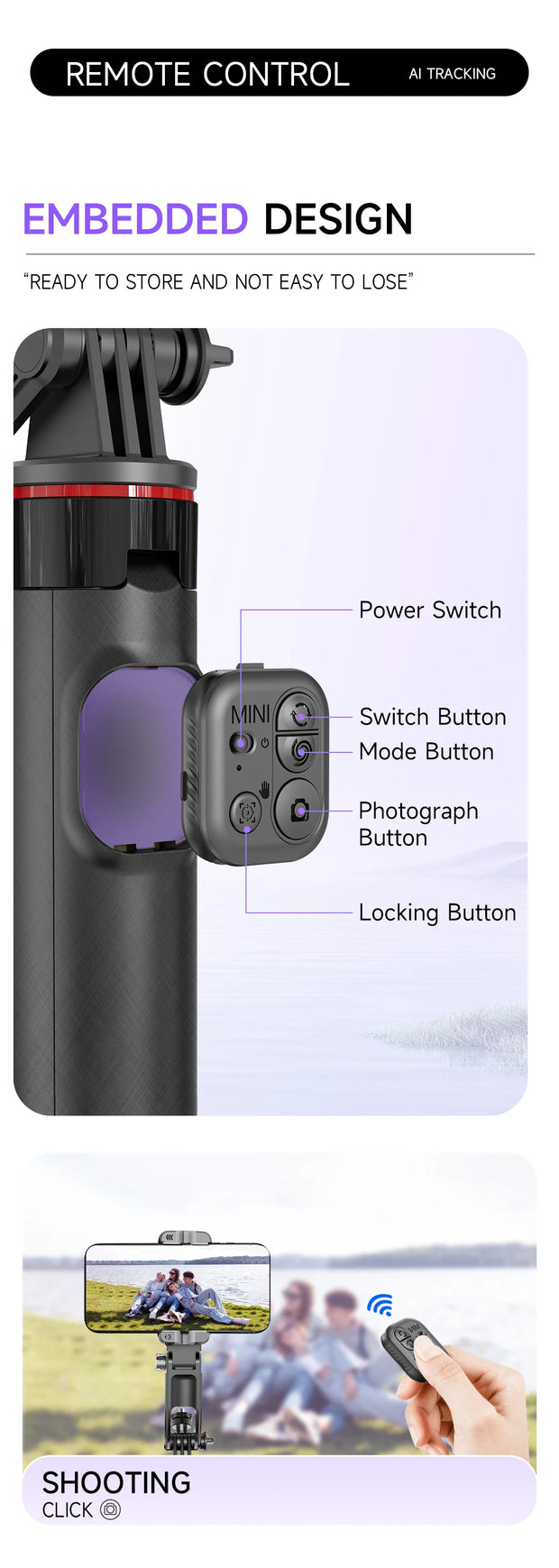 AI Face Tracking Handheld Gimbal Stabiliser 360° Shoot,Magnetic Remote Selfie Stick Tripod for Smartphone,1/4'' Screw for Camera