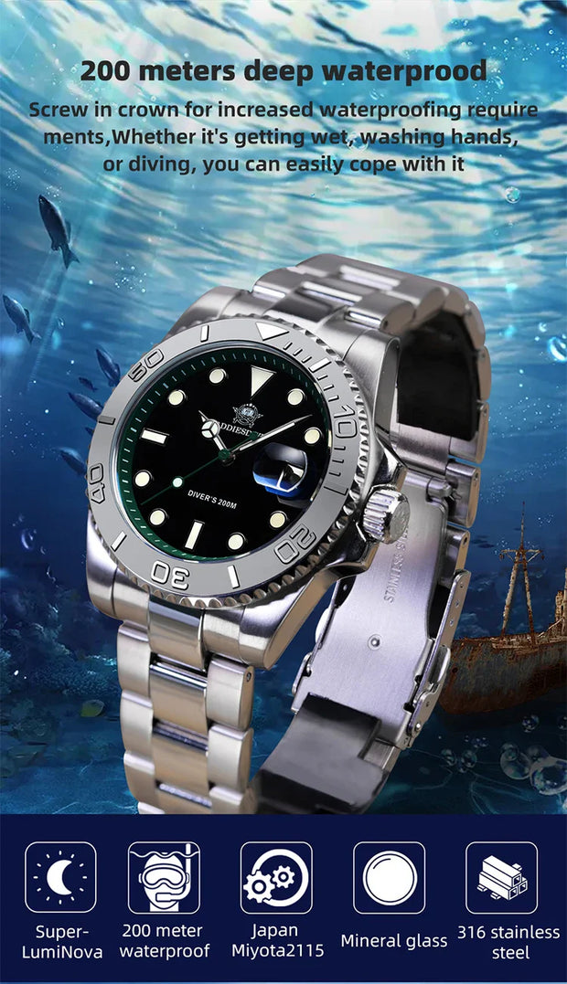ADDIESDIVE Diving AD2040 Quartz Watches Stainless Steel 200m Waterproof Calendar Display Wristwatch Fashion Super Luminous Watch