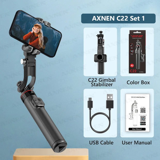 AXNEN C22 AI Tracking 360° Rotational Shoot Deskpot Handheld Gimbal Tripod Extendable Selfie Stick Wireless Remote for Vlog