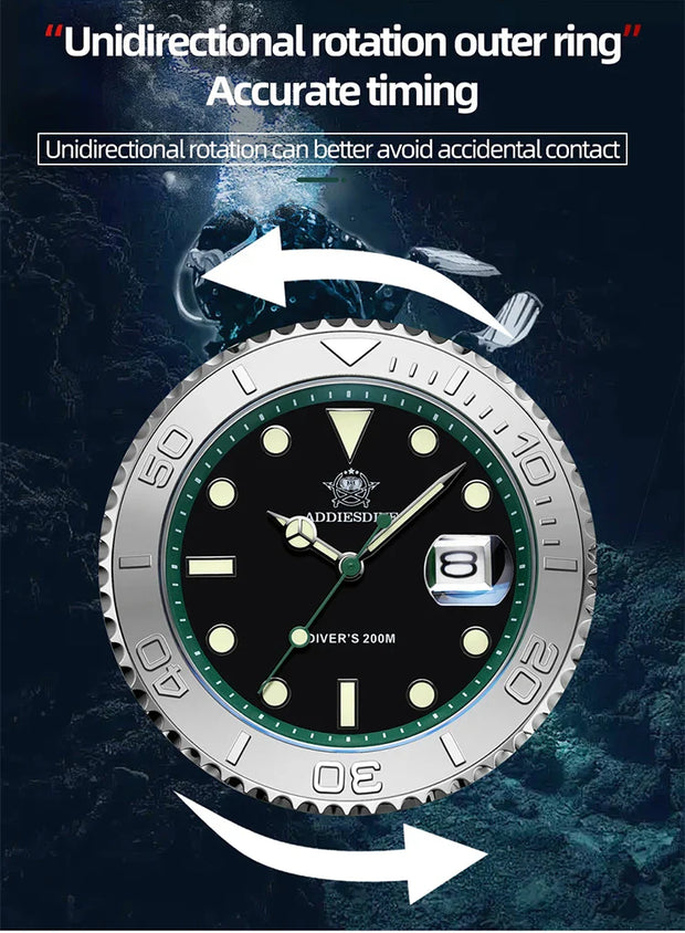 ADDIESDIVE Diving AD2040 Quartz Watches Stainless Steel 200m Waterproof Calendar Display Wristwatch Fashion Super Luminous Watch