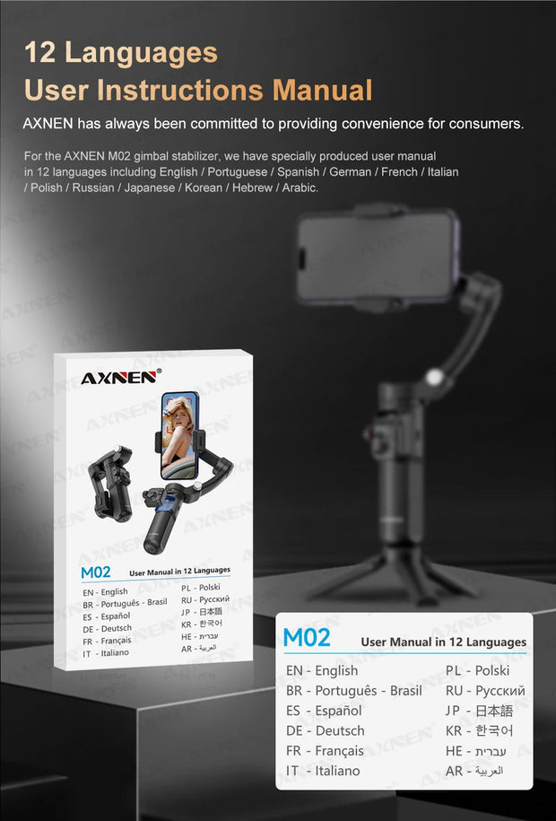 AXNEN M02 Gimbal Smartphone Stabilizer 3-Axis Anti-shake Video Record Handheld Selfie Gimbals for iPhone Android Face Tracking