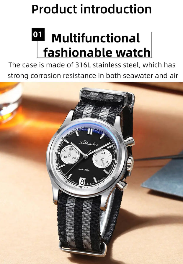 ADDIESDIVE Hot Sale AD2095 Watches For Men Multifunction Chronograph 38mm AR Coating Quartz WristWatches VK64 Waterproof Clock