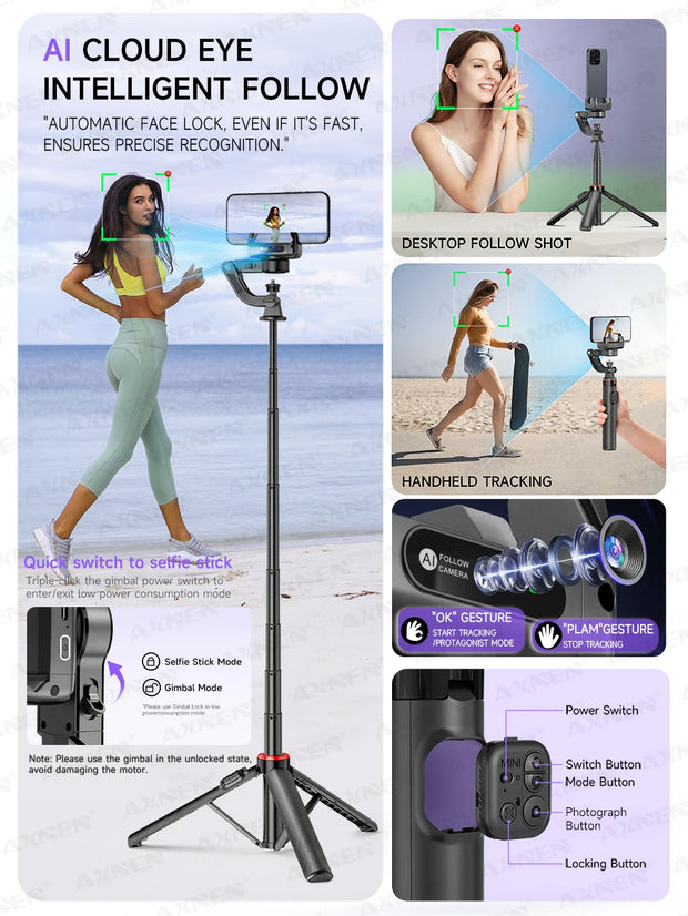 AXNEN C22 AI Tracking 360° Rotational Shoot Deskpot Handheld Gimbal Tripod Extendable Selfie Stick Wireless Remote for Vlog
