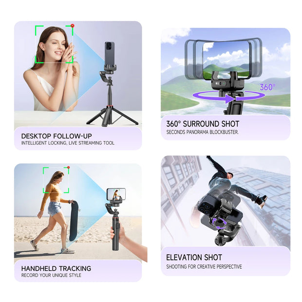 AI Face Tracking Handheld Gimbal Stabiliser 360° Shoot,Magnetic Remote Selfie Stick Tripod for Smartphone,1/4'' Screw for Camera