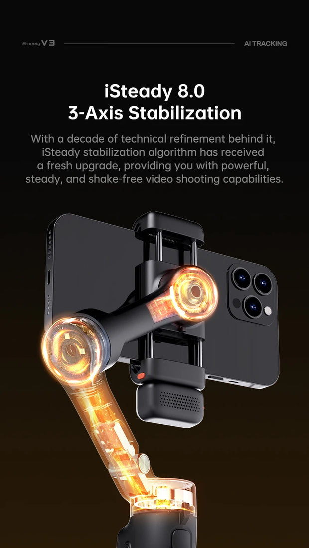 hohem Official V3 Smartphone Stabilizer Ai Face Tracking 3-Axis Phone Gimbal Built-in Selfie Stick Portable iPhone16/Samsung