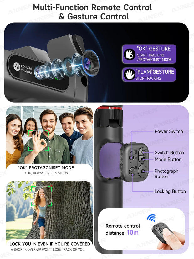 AXNEN C22 AI Tracking 360° Rotational Shoot Deskpot Handheld Gimbal Tripod Extendable Selfie Stick Wireless Remote for Vlog