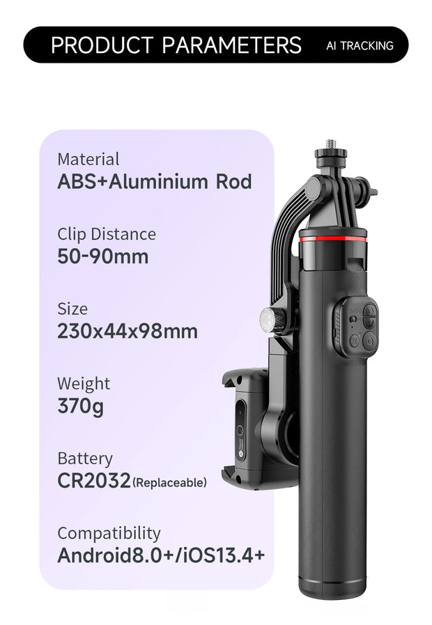AI Face Tracking Handheld Gimbal Stabiliser 360° Shoot,Magnetic Remote Selfie Stick Tripod for Smartphone,1/4'' Screw for Camera