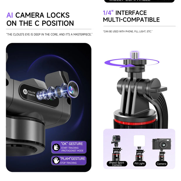 AI Face Tracking Handheld Gimbal Stabiliser 360° Shoot,Magnetic Remote Selfie Stick Tripod for Smartphone,1/4'' Screw for Camera