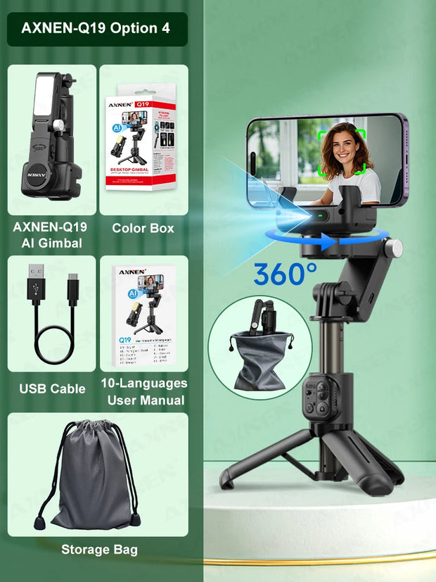 AXNEN Q19 AI Desktop Gimbal Stabilizer 360 Rotation Auto Face Tracking Mobile Phone Handheld Anti-shake Selfie with Fill Light