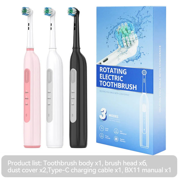 Rotating electric toothbrush suitable for adults, equipped with 6 brush heads, type-c charging, 3-speed 2-minute timed zoning