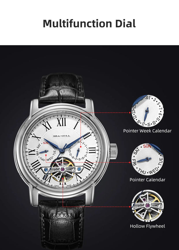2025 New Seagull Men's Watch Automatic Mechanical Wristwatch Multi-Function Hollow Flywheel Business Simple Watch D819.622