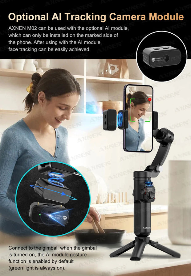 AXNEN M02 Gimbal Smartphone Stabilizer 3-Axis Anti-shake Video Record Handheld Selfie Gimbals for iPhone Android Face Tracking