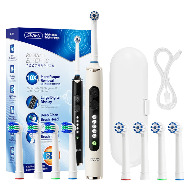 Seago Rotating Electric Toothbrush for Adults with 8 Toothbrush Heads and Travel Box Smart Display 5 Modes Waterproof SG-2607