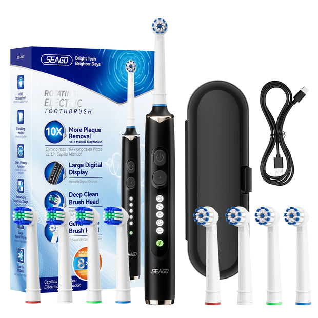Seago Rotating Electric Toothbrush for Adults with 8 Toothbrush Heads and Travel Box Smart Display 5 Modes Waterproof SG-2607