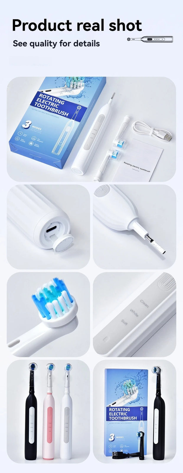 Rotating electric toothbrush suitable for adults, equipped with 6 brush heads, type-c charging, 3-speed 2-minute timed zoning