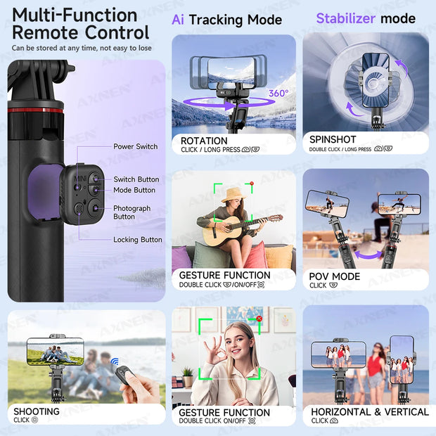 AXNEN C22 AI Tracking 360° Rotational Shoot Deskpot Handheld Gimbal Tripod Extendable Selfie Stick Wireless Remote for Vlog