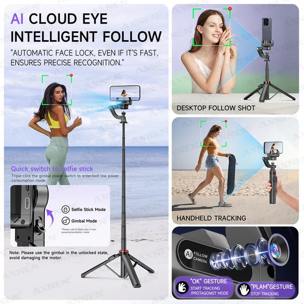 AXNEN C22 AI Tracking 360° Rotational Shoot Deskpot Handheld Gimbal Tripod Extendable Selfie Stick Wireless Remote for Vlog