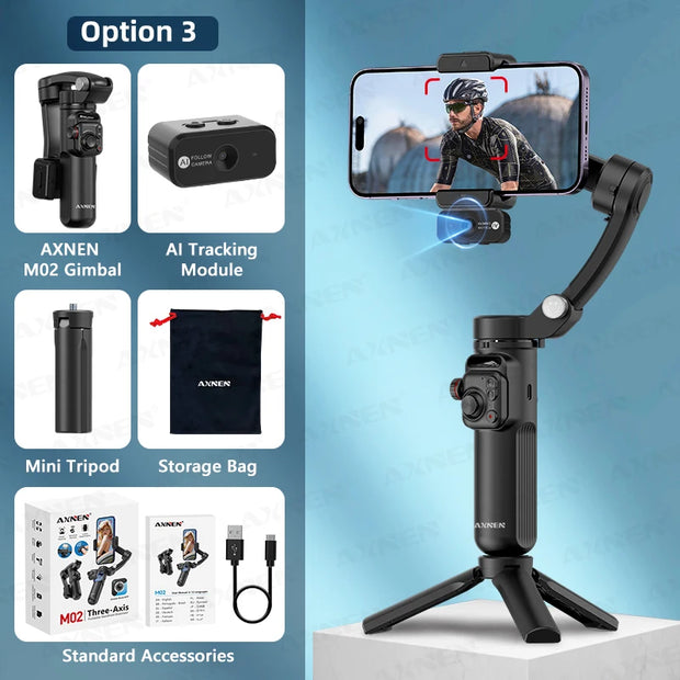 AXNEN M02 Gimbal Smartphone Stabilizer 3-Axis Anti-shake Video Record Handheld Selfie Gimbals for iPhone Android Face Tracking