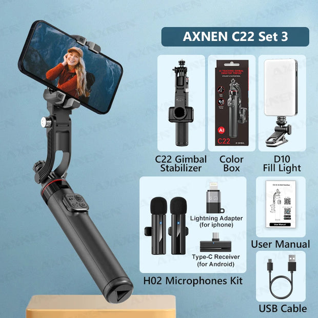 AXNEN C22 AI Tracking 360° Rotational Shoot Deskpot Handheld Gimbal Tripod Extendable Selfie Stick Wireless Remote for Vlog