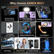 AXNEN M02 Gimbal Smartphone Stabilizer 3-Axis Anti-shake Video Record Handheld Selfie Gimbals for iPhone Android Face Tracking