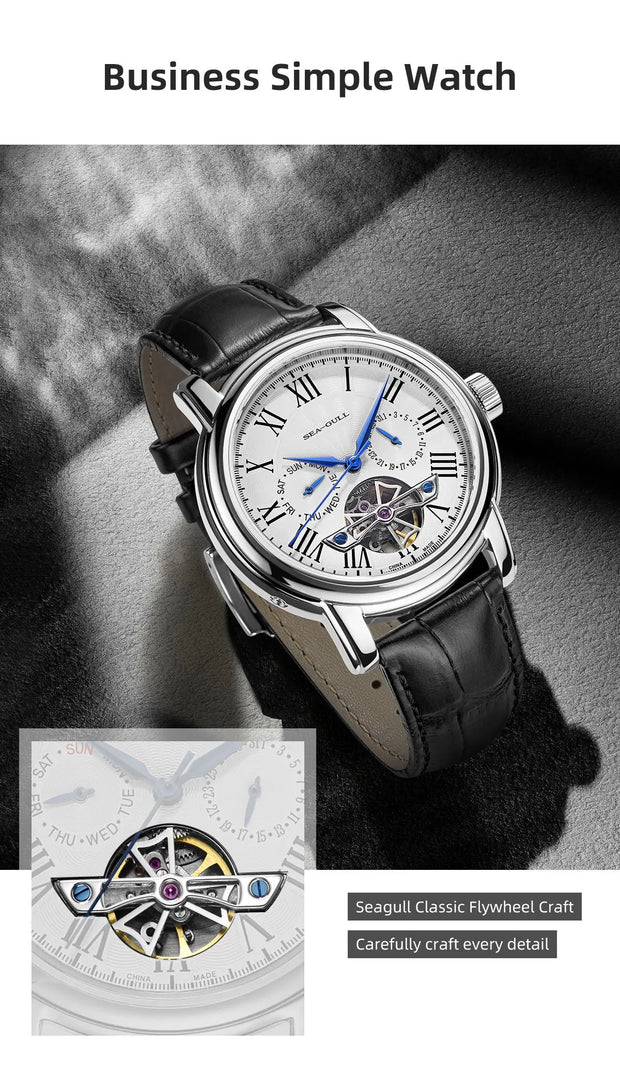 2025 New Seagull Men's Watch Automatic Mechanical Wristwatch Multi-Function Hollow Flywheel Business Simple Watch D819.622