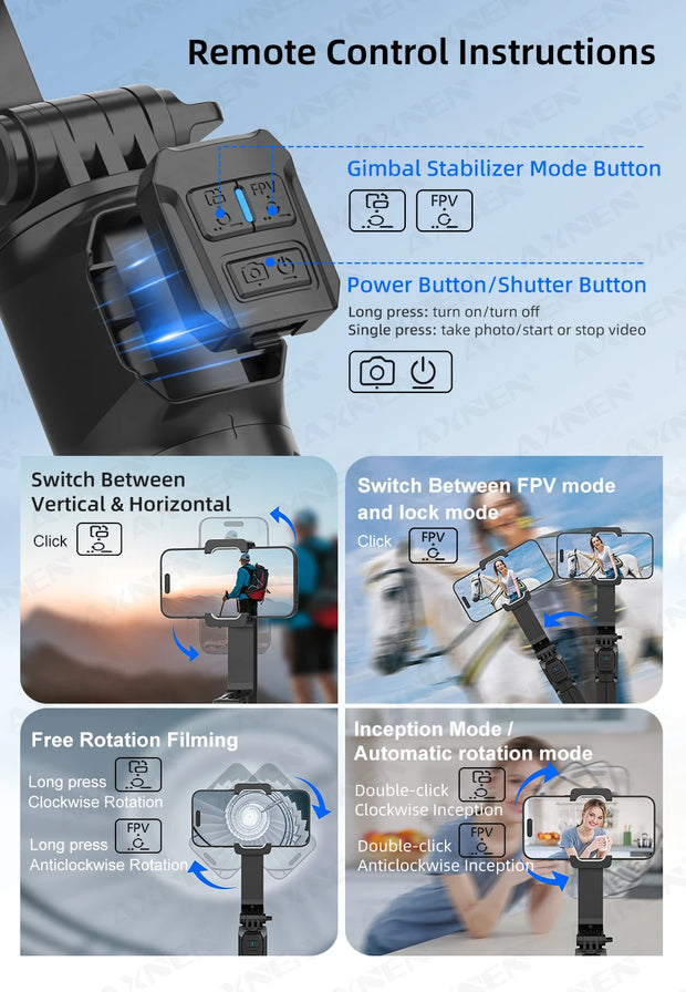 AXNEN HQ2 SERIES Mobile Phone Stabilizer Handheld Gimbal for Smartphone Gopro Action Camera Extension Rod Selfie Stick Tripod