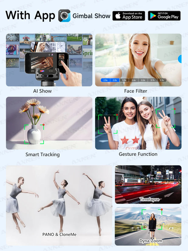 AXNEN C22 AI Tracking 360° Rotational Shoot Deskpot Handheld Gimbal Tripod Extendable Selfie Stick Wireless Remote for Vlog