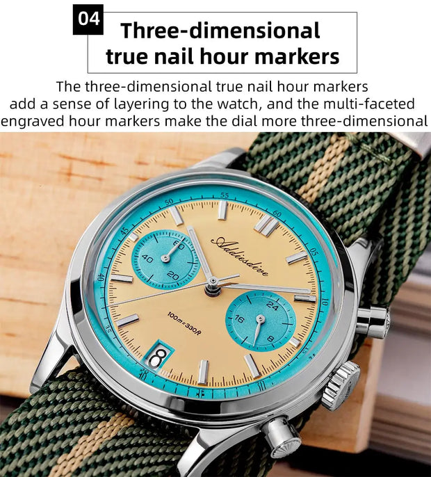 ADDIESDIVE Hot Sale AD2095 Watches For Men Multifunction Chronograph 38mm AR Coating Quartz WristWatches VK64 Waterproof Clock