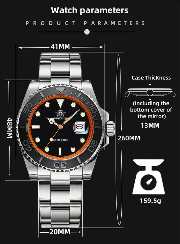 ADDIESDIVE Diving AD2040 Quartz Watches Stainless Steel 200m Waterproof Calendar Display Wristwatch Fashion Super Luminous Watch