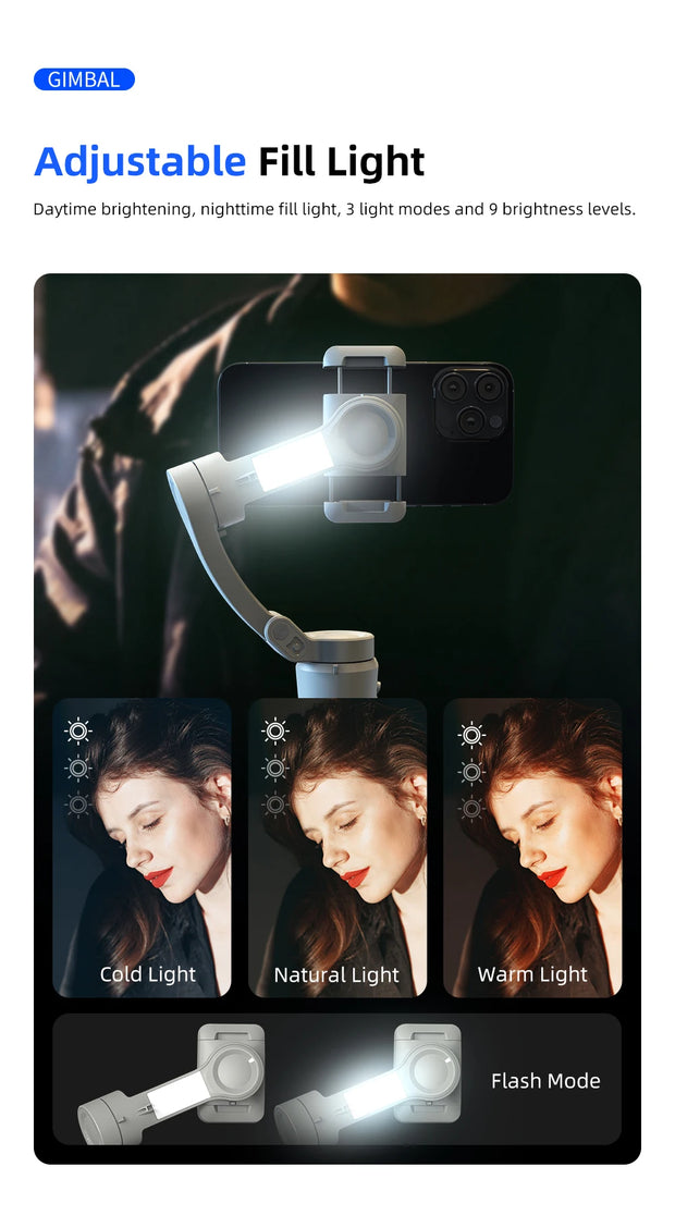 M01 3-Axis Smart Gimbal Handheld Stabilizer Selfie Tripod with Fill Light for Smartphone Anti Shake Foldable for Xiaomi iPhone