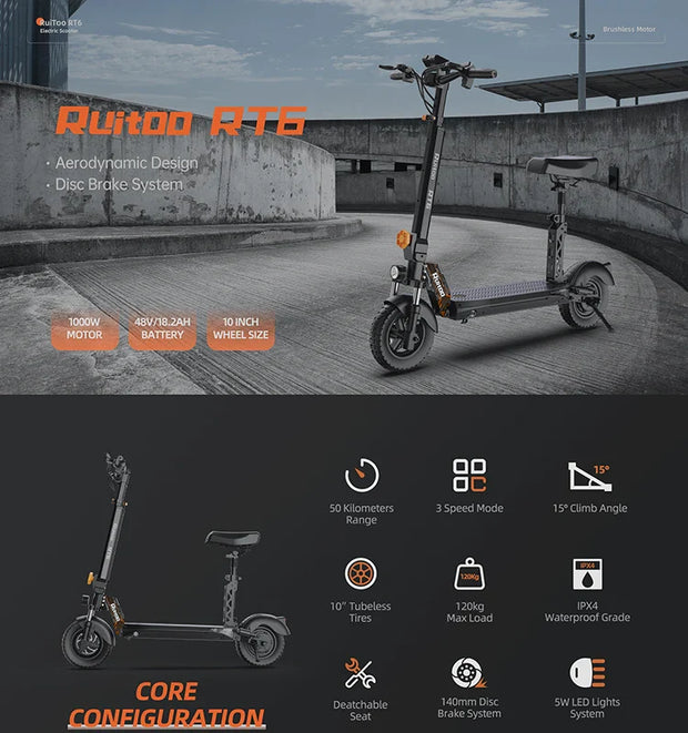 RuiToo RT6 1000W powerful  48V18.2AH Drive Electric scooters electr 10inch Tires Folding eScooter For Adult Raycool