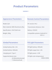 Q18 Desktop Following the shooting Mode Gimbal Stabilizer Selfie Stick Tripod with Fill Light for iPhone Cell Phone Smartphone