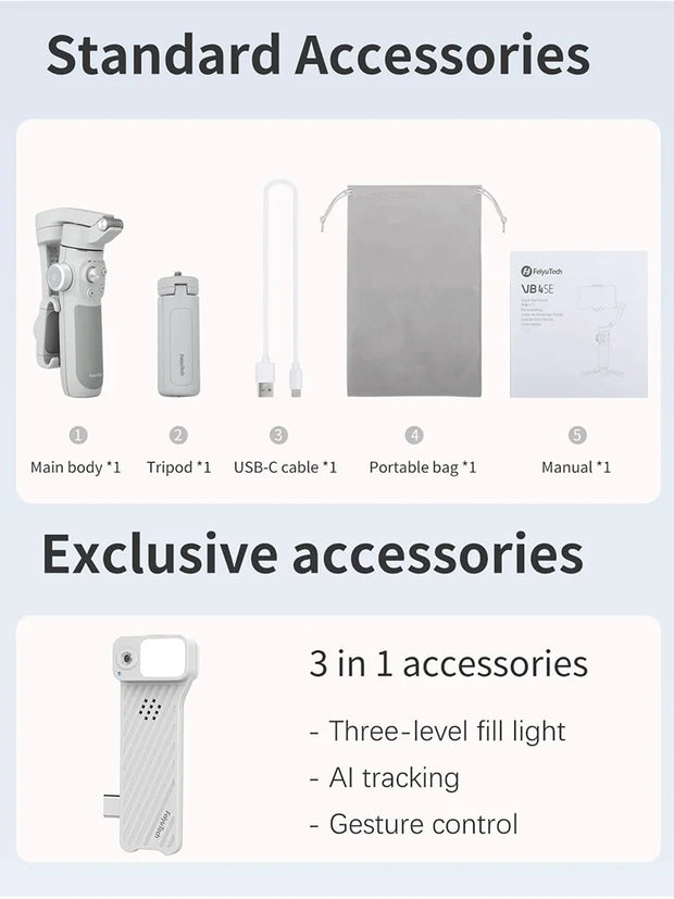 FeiyuTech VB4 Kit Smartphone Stabilizer Face Tracking Fill light 3-Axis Phone Gimbal Built-in Selfie Stick Portable iPhone16
