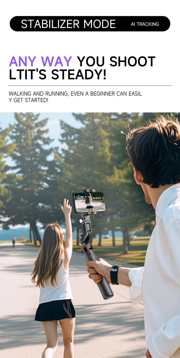 AI Face Tracking Handheld Gimbal Stabiliser 360° Shoot,Magnetic Remote Selfie Stick Tripod for Smartphone,1/4'' Screw for Camera