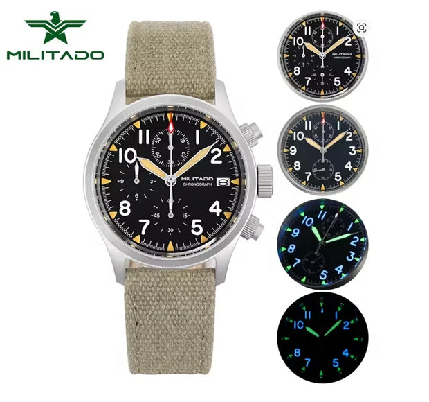 MILITADO Chronograph 39mm Watch BGW-9 Luminous Retro Military 100m Waterproof VK61 Quartz Movement Steel Vintage Men Wristwatch
