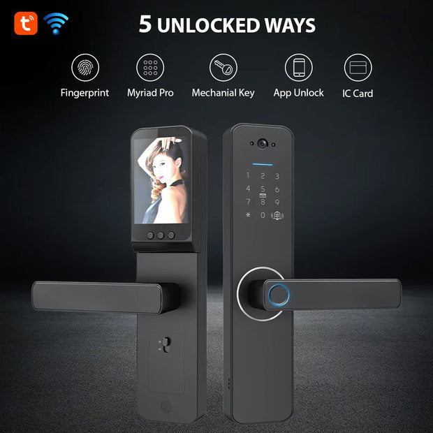 Fingerprint Smart Lock with 120° Wide Angle Camera Smart Doorbell Aluminum Alloy Keyless Entry Lock Handle Biometric for 35-60mm