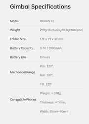Hohem iSteady XE Kit Smartphone Gimbal 3-Axis Handheld Stabilizer Phone Selfie Stick Tripod with Magnetic Fill Light Video Shoot