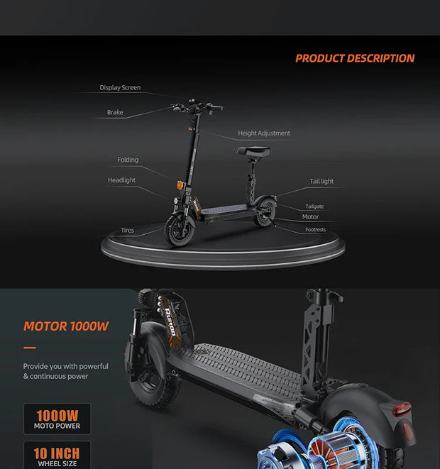 RuiToo RT6 1000W powerful  48V18.2AH Drive Electric scooters electr 10inch Tires Folding eScooter For Adult Raycool