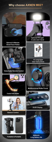 AXNEN M02 Gimbal Smartphone Stabilizer 3-Axis Anti-shake Video Record Handheld Selfie Gimbals for iPhone Android Face Tracking
