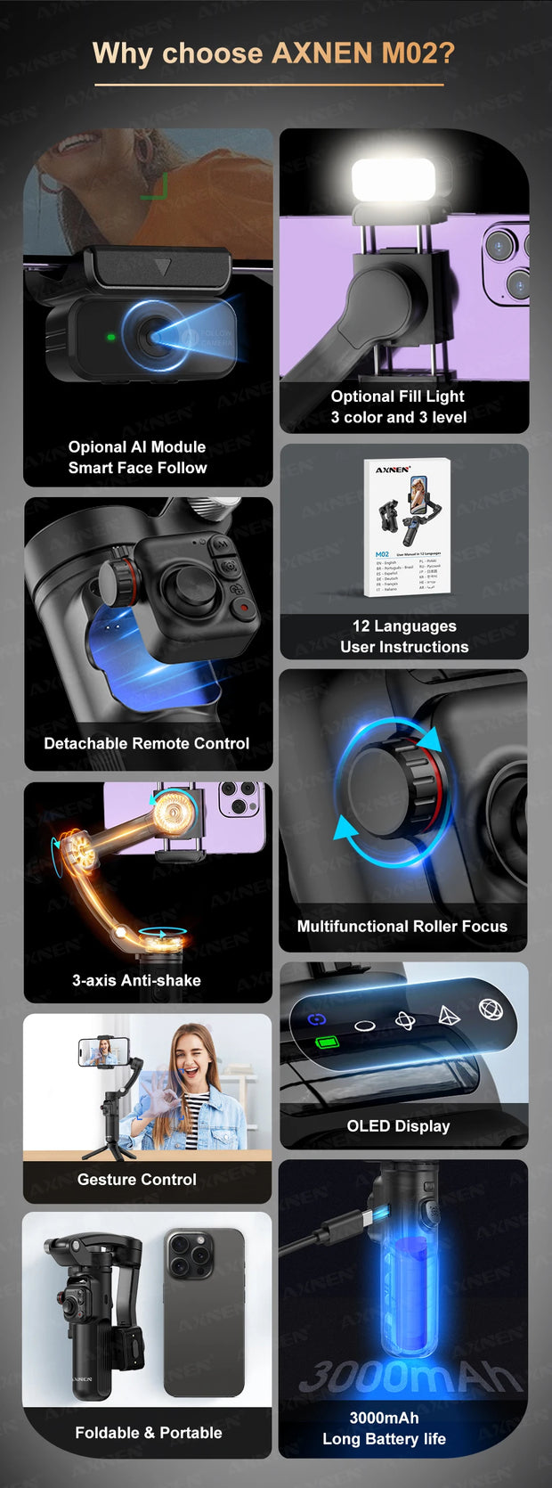 AXNEN M02 Gimbal Smartphone Stabilizer 3-Axis Anti-shake Video Record Handheld Selfie Gimbals for iPhone Android Face Tracking