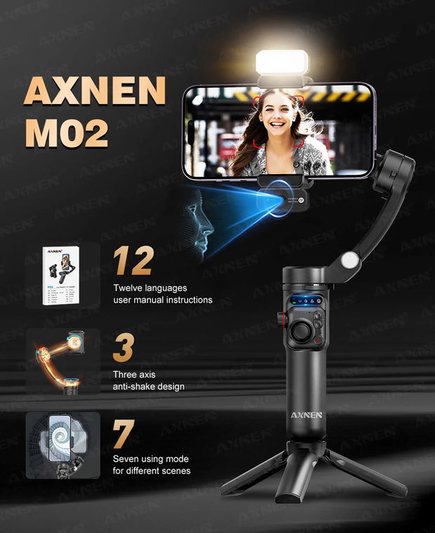 AXNEN M02 Gimbal Smartphone Stabilizer 3-Axis Anti-shake Video Record Handheld Selfie Gimbals for iPhone Android Face Tracking